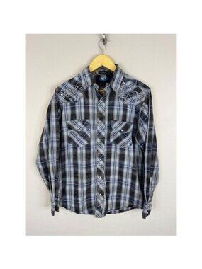 RU University Fit Mens Plaid Western Snap Shirt Blue Grey Embroidered Medium